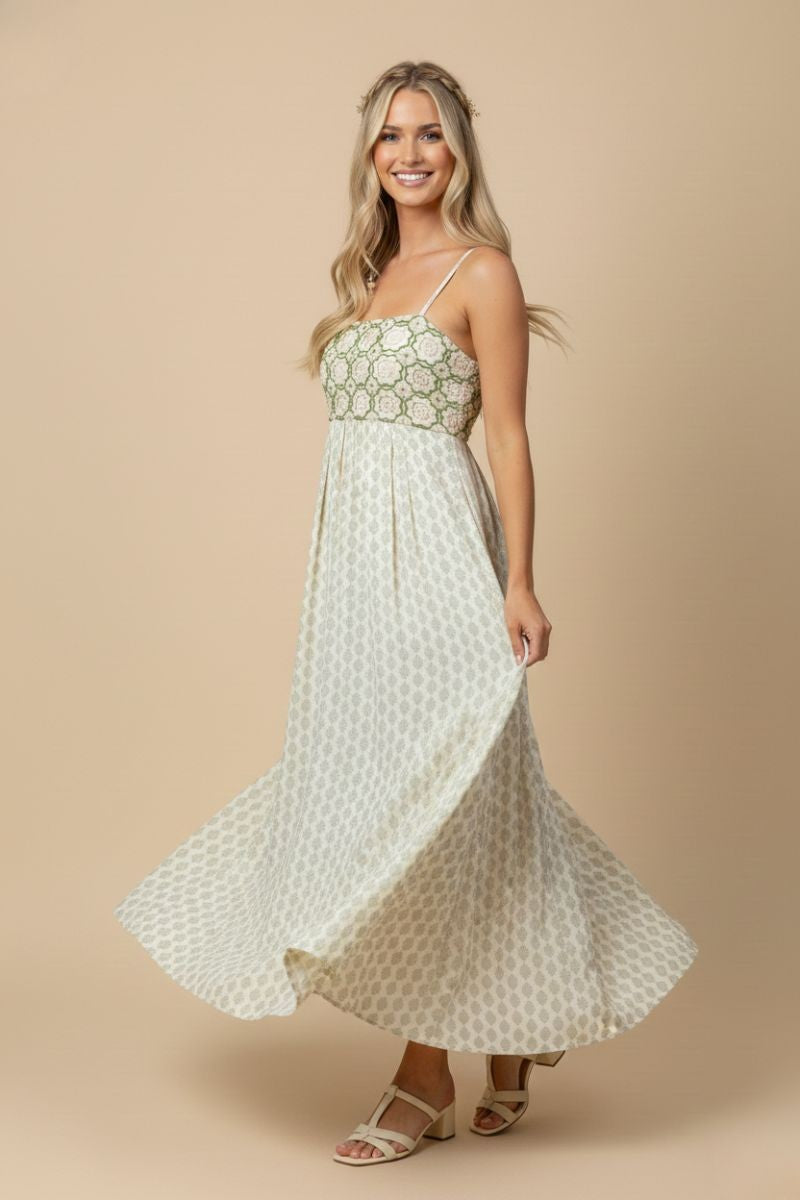 Green Floral Crochet Bodice Maxi Dress