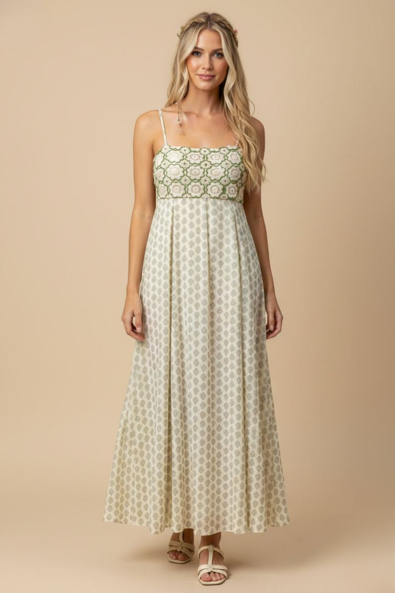 Green Floral Crochet Bodice Maxi Dress