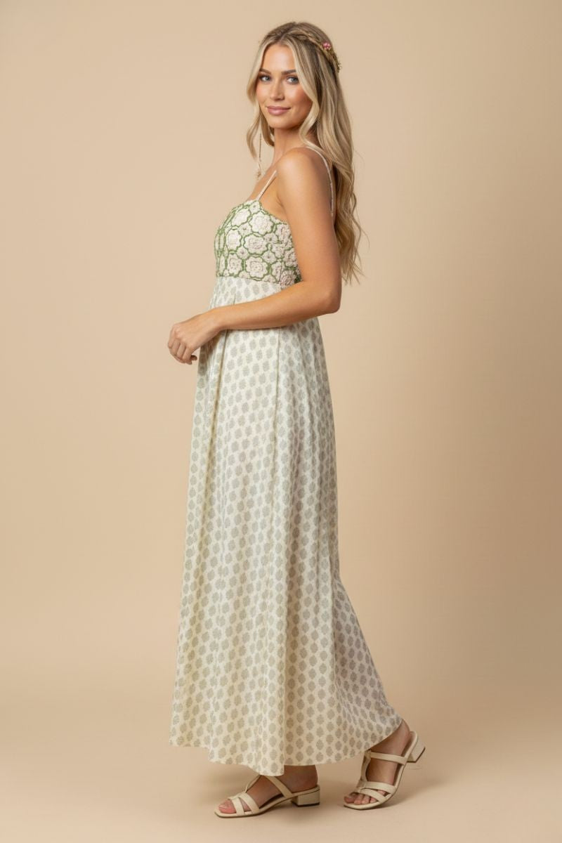 Green Floral Crochet Bodice Maxi Dress