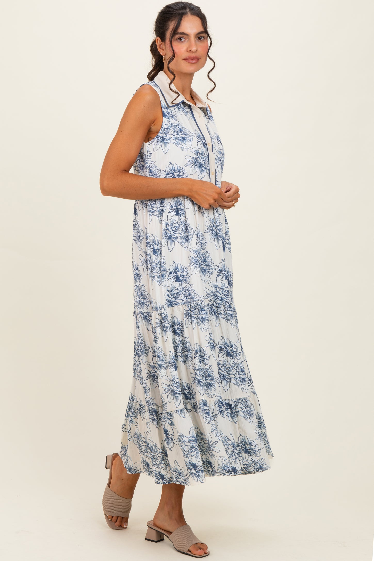 Ivory Floral Tiered Sleeveless Shirt Dress