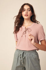 Blush Waffle Knit Lace-Up Top