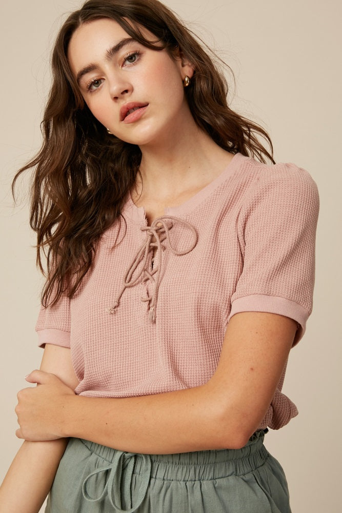 Blush Waffle Knit Lace-Up Top