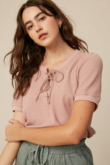 Blush Waffle Knit Lace-Up Top