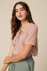Blush Waffle Knit Lace-Up Top