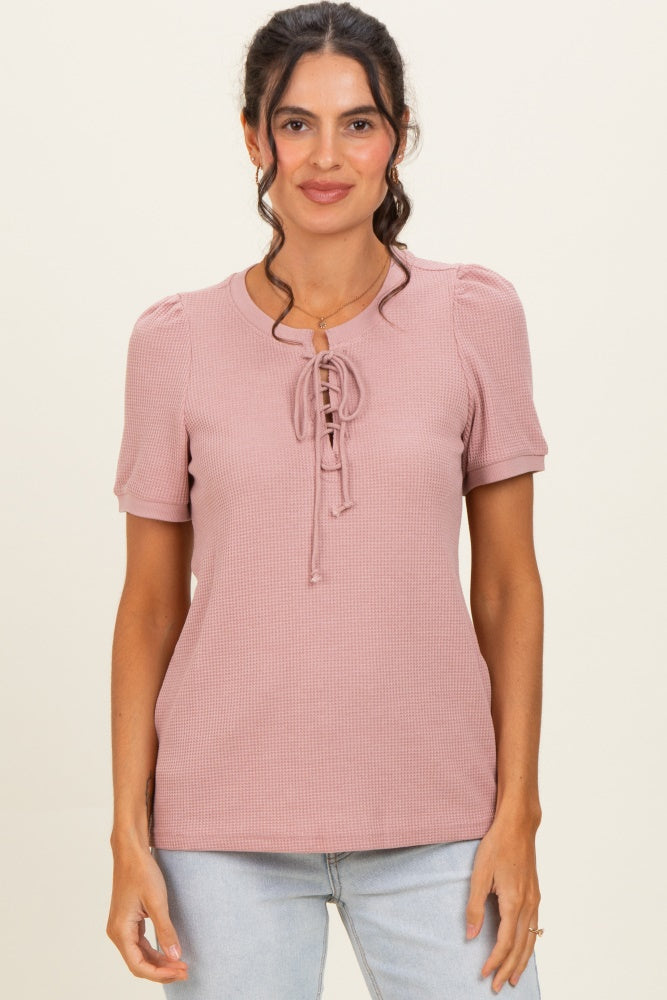 Blush Waffle Knit Lace-Up Top