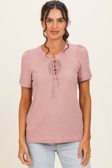 Blush Waffle Knit Lace-Up Top