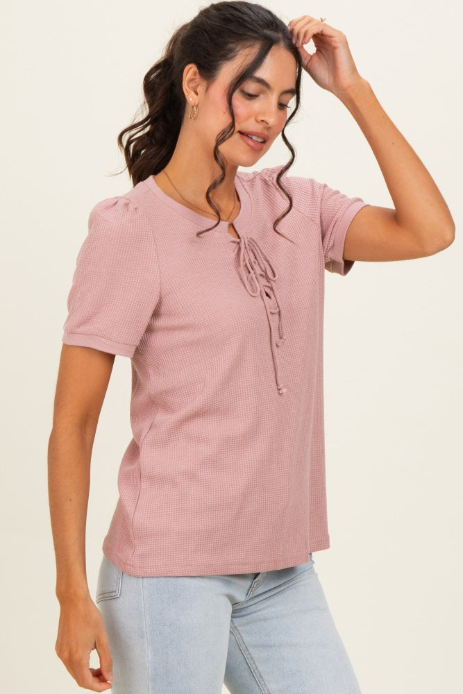 Blush Waffle Knit Lace-Up Top