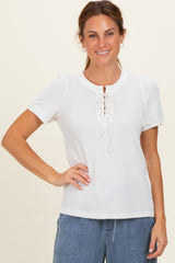 Ivory Waffle Knit Lace-Up Top
