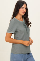 Olive Waffle Knit Lace-Up Top