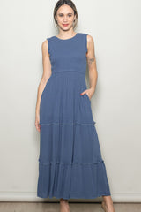 Light Navy Smocked Sleeveless Tiered Maxi Dress
