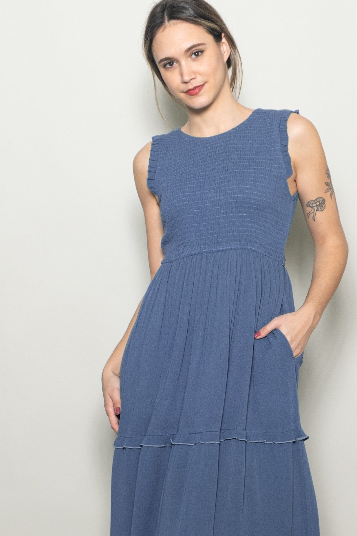 Light Navy Smocked Sleeveless Tiered Maxi Dress