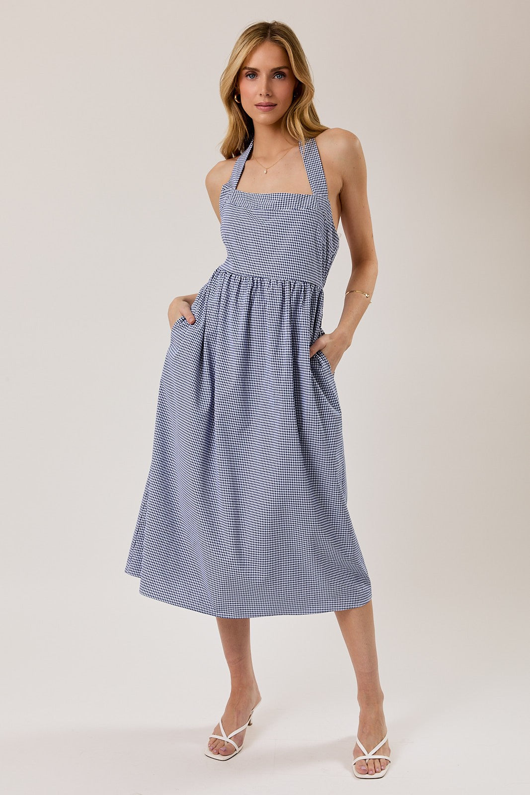 Navy Gingham Halter Neck Midi Dress