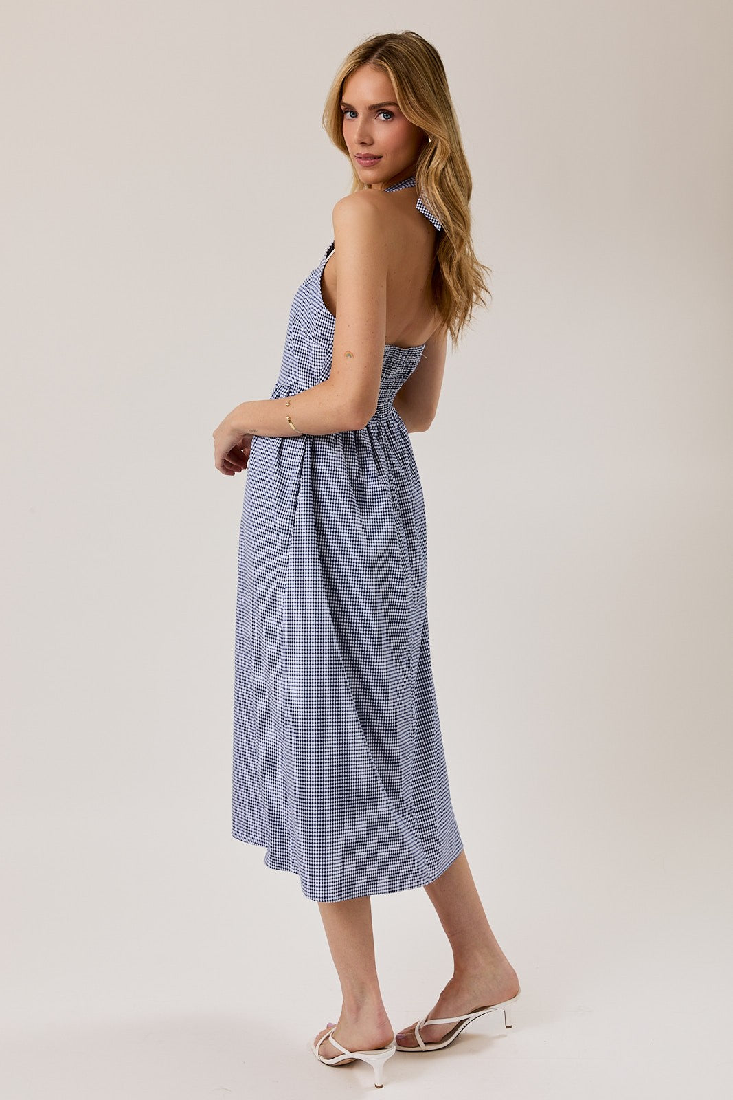 Navy Gingham Halter Neck Midi Dress