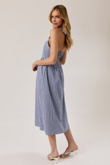 Navy Gingham Halter Neck Midi Dress