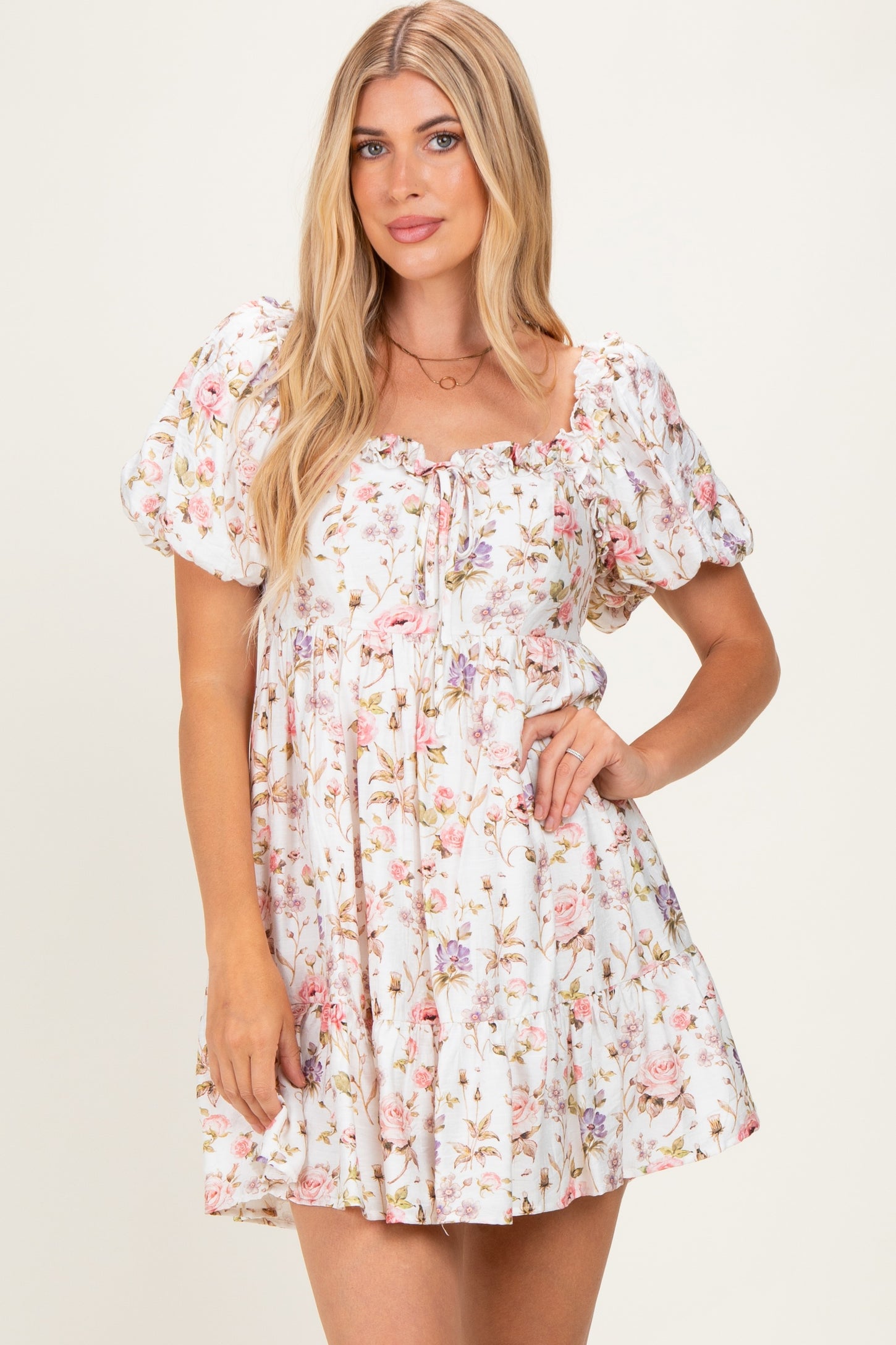 Ivory Floral Puff Sleeve Mini Dress