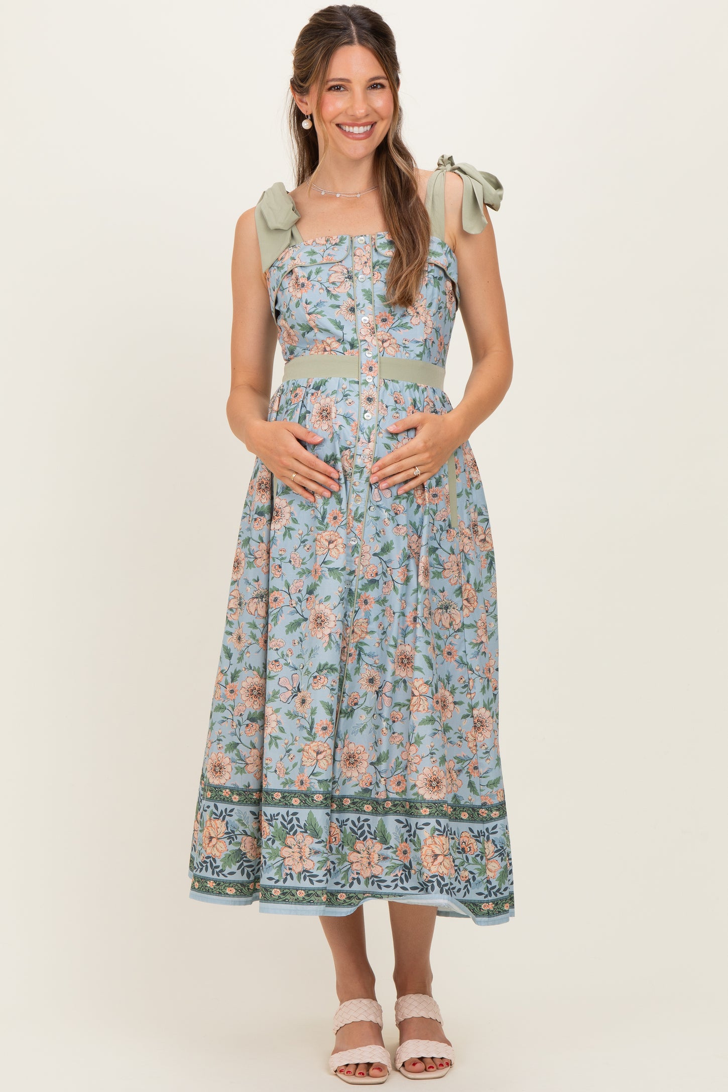 Dusty Blue Floral Shoulder Tie Button Down Maternity Midi Dress