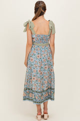 Dusty Blue Floral Shoulder Tie Button Down Maternity Midi Dress