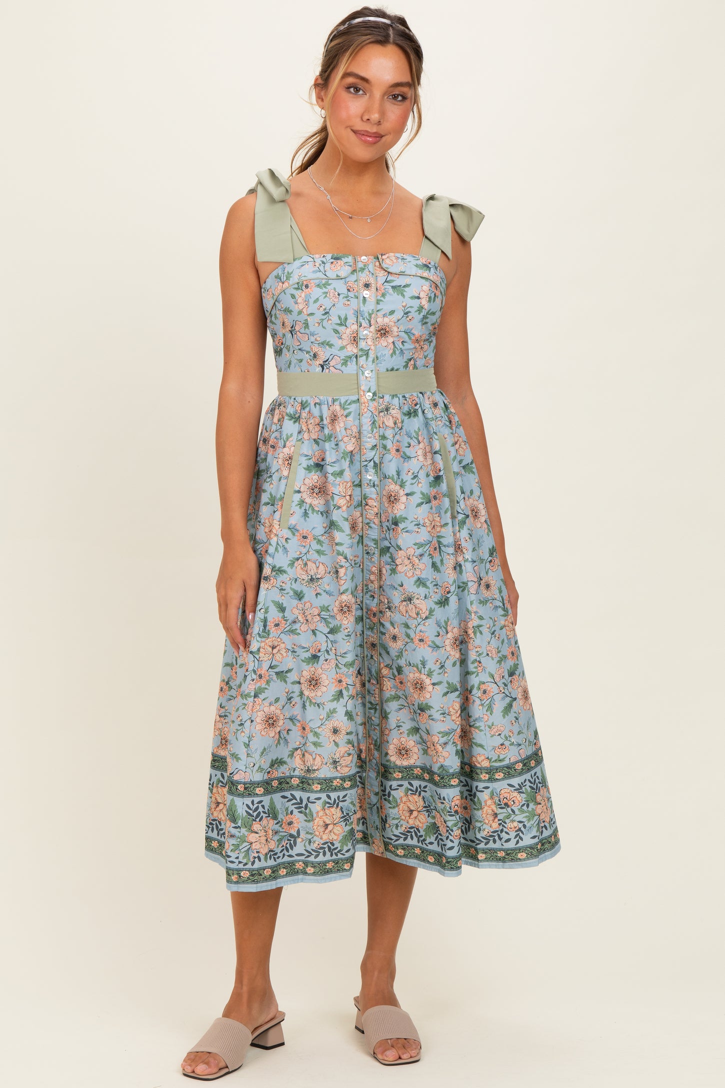 Dusty Blue Floral Shoulder Tie Button Down Maternity Midi Dress