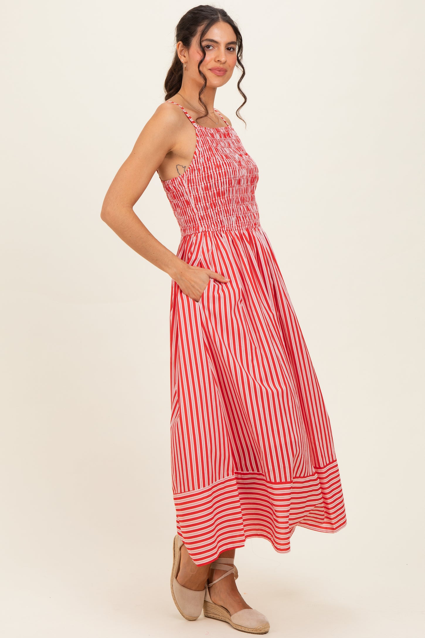 Red Striped Smocked Midi Dress
