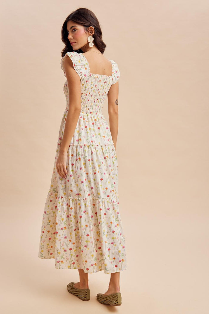 woman wearing a floral print maxi dress with puff sleeves and tiered hem, viewed from the back