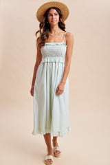 Sage Striped Smocked Ruffle Accent Midi Dress