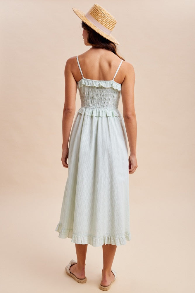 Sage Striped Smocked Ruffle Accent Midi Dress