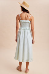 Sage Striped Smocked Ruffle Accent Midi Dress