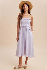Lavender Striped Smocked Ruffle Accent Maternity Midi Dress