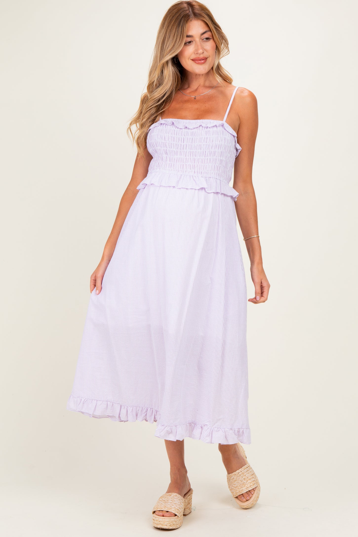 Lavender Striped Smocked Ruffle Accent Maternity Midi Dress