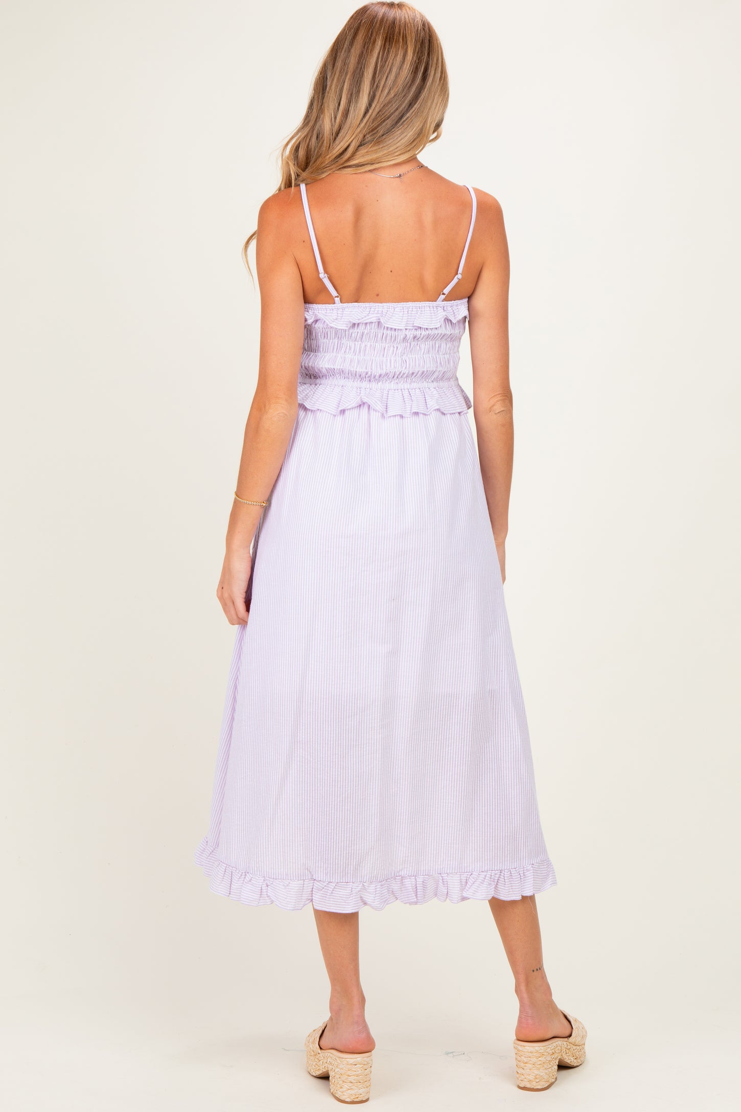 Lavender Striped Smocked Ruffle Accent Maternity Midi Dress