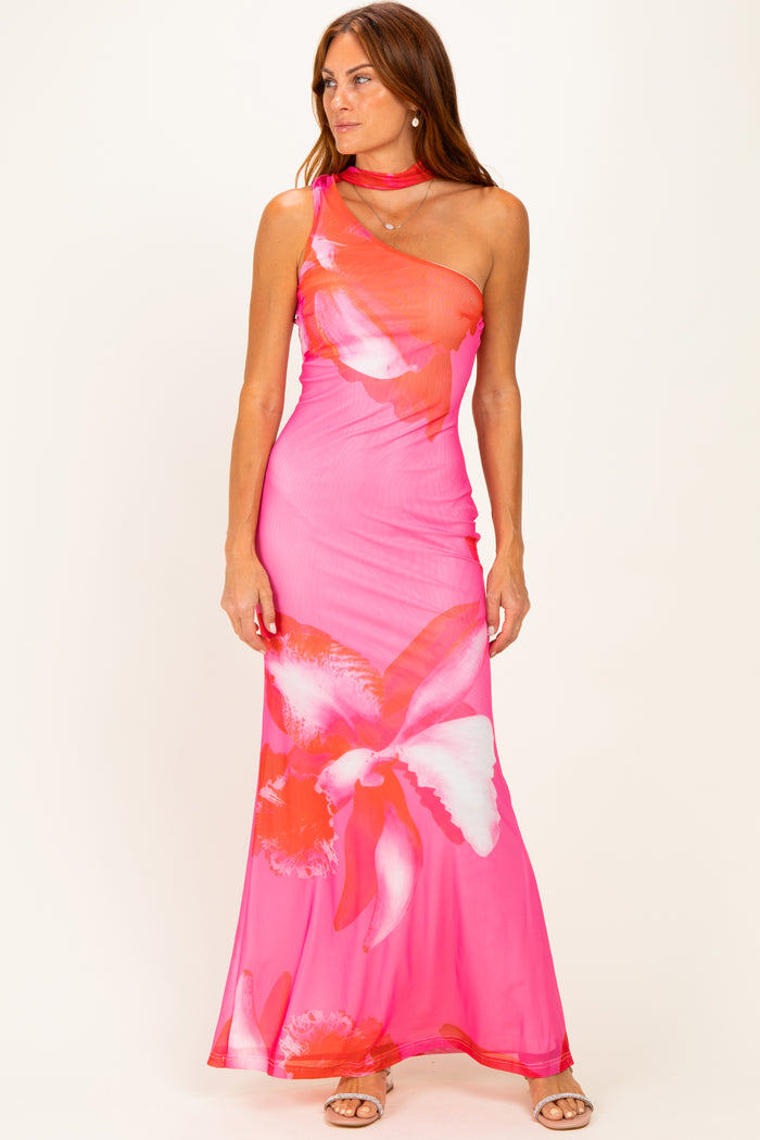 Pink Floral Neck Scarf Maternity Maxi Dress