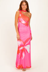 Pink Floral Neck Scarf Maxi Dress