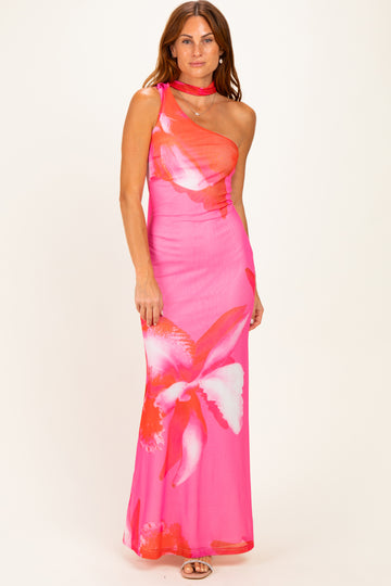 Pink Floral Neck Scarf Maxi Dress
