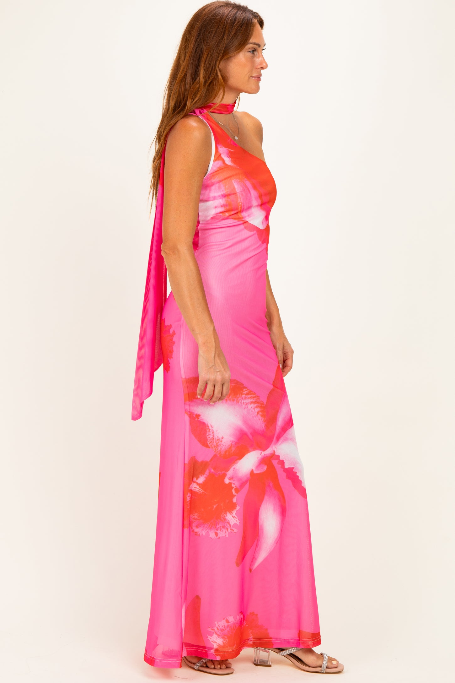 Pink Floral Neck Scarf Maxi Dress