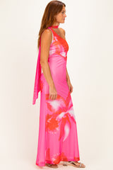 Pink Floral Neck Scarf Maxi Dress