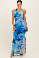 Blue Floral Halter Mesh Maxi Dress