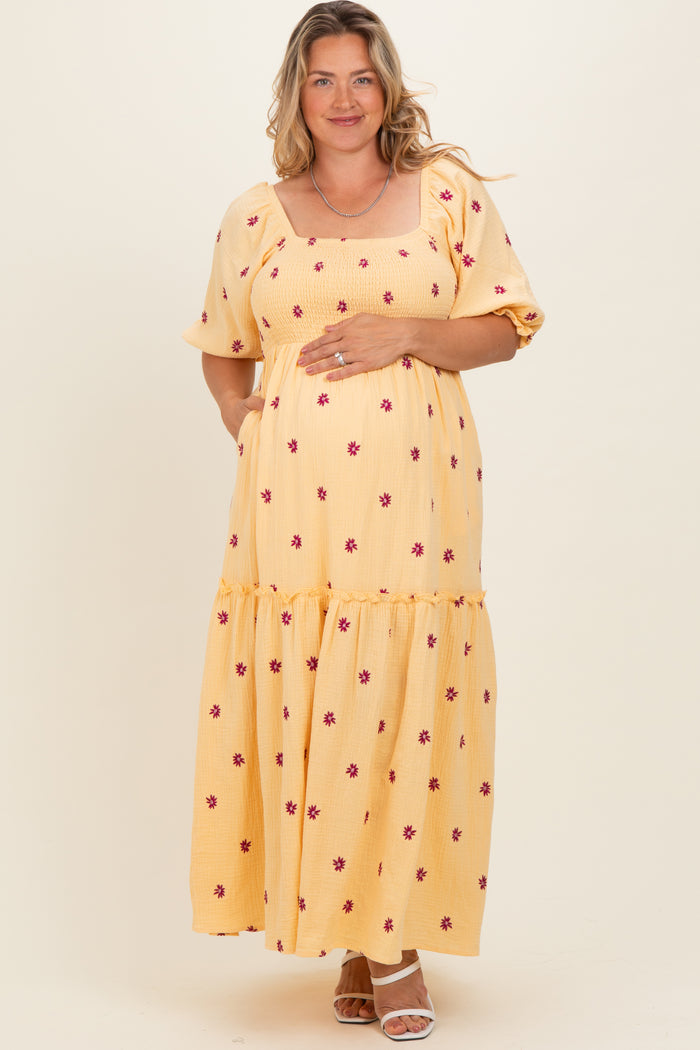 Yellow Floral Smocked Puff Sleeve Plus Maternity Maxi Dress