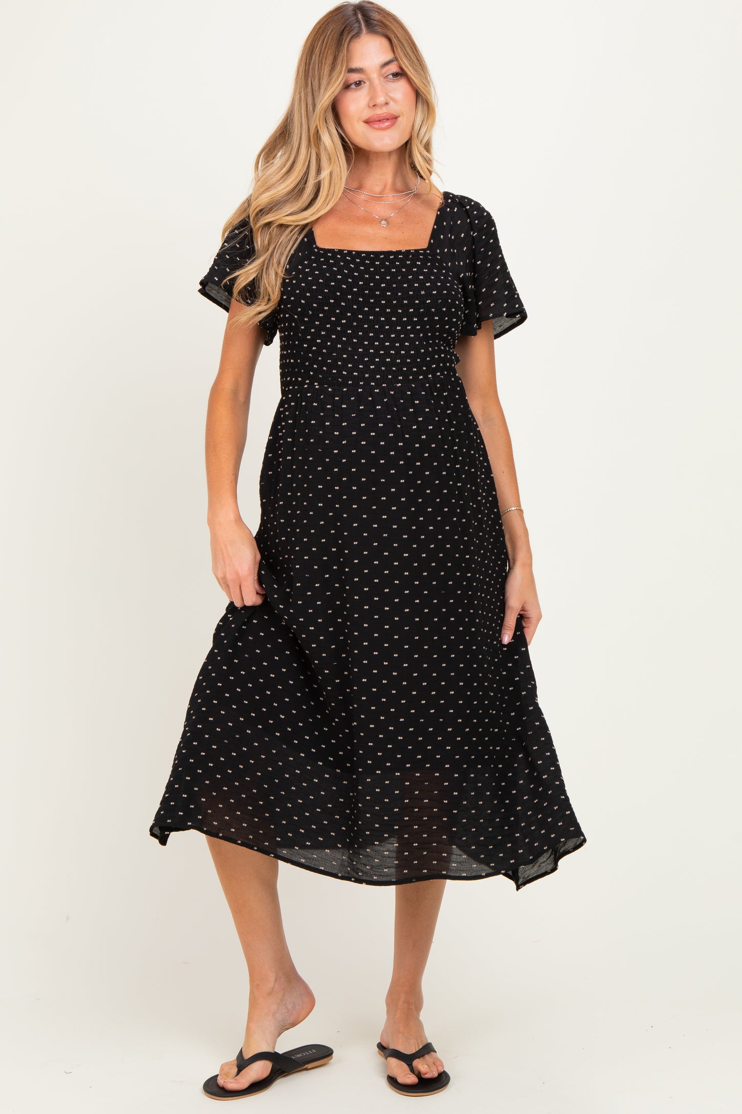 Black Polka Dot Smocked Maternity Midi Dress