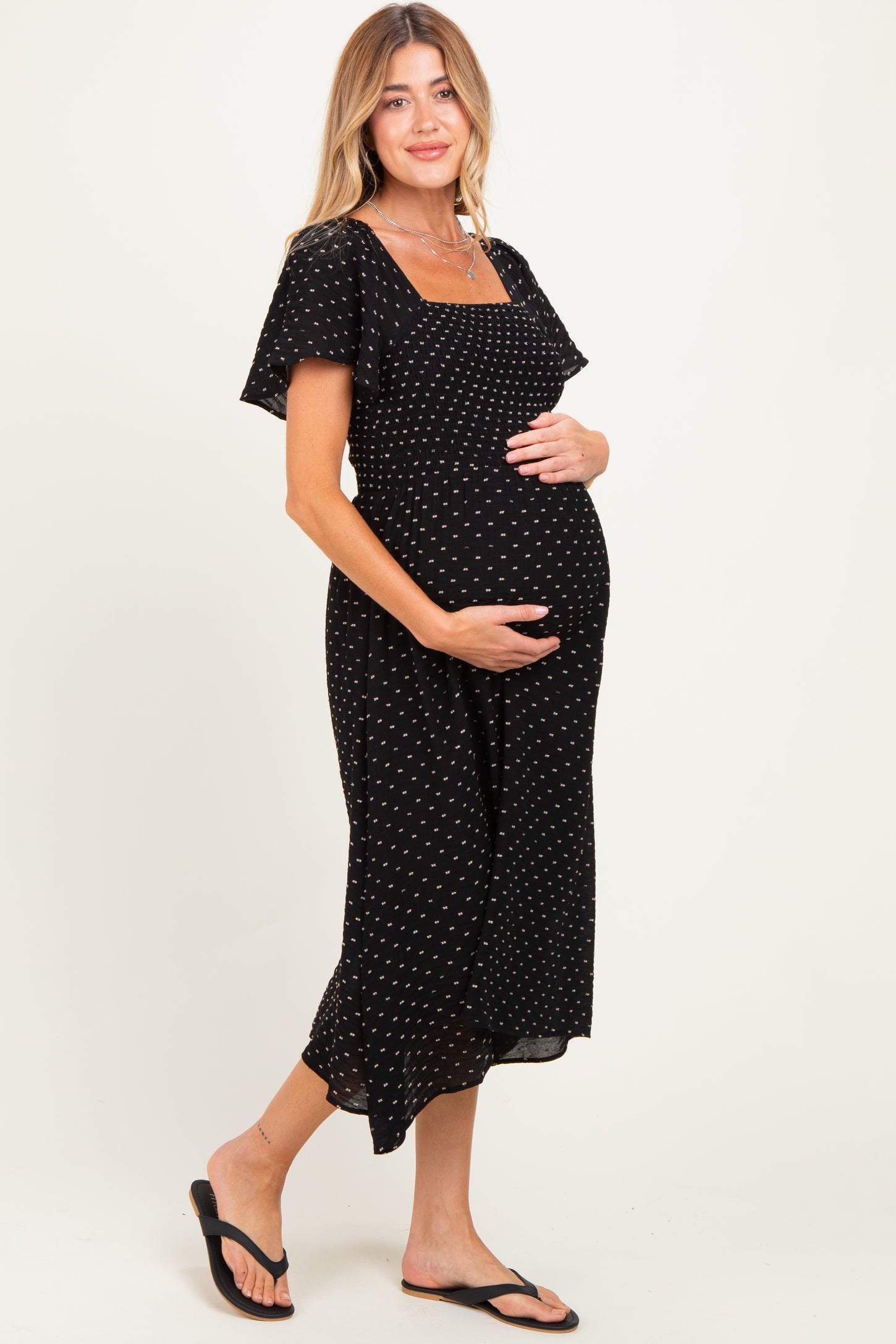 Black Polka Dot Smocked Maternity Midi Dress
