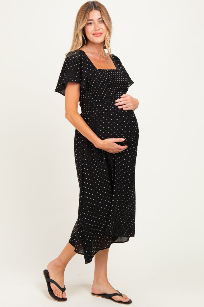 Black Polka Dot Smocked Maternity Midi Dress