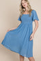 Blue Polka Dot Smocked Midi Dress