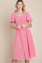 Red Gingham Smocked Midi Dress