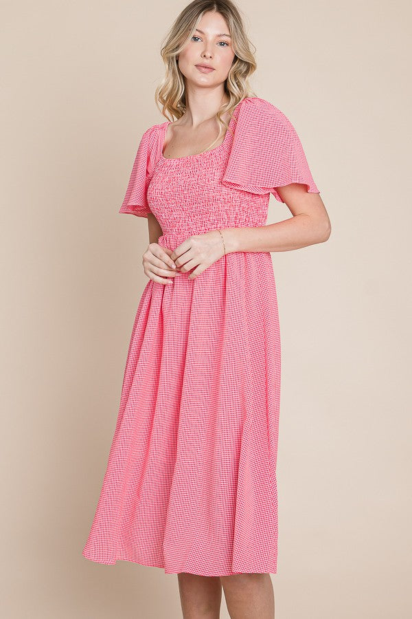 Red Gingham Smocked Midi Dress