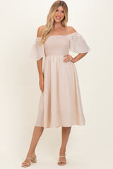 Biege Gingham Smocked Maternity Midi Dress