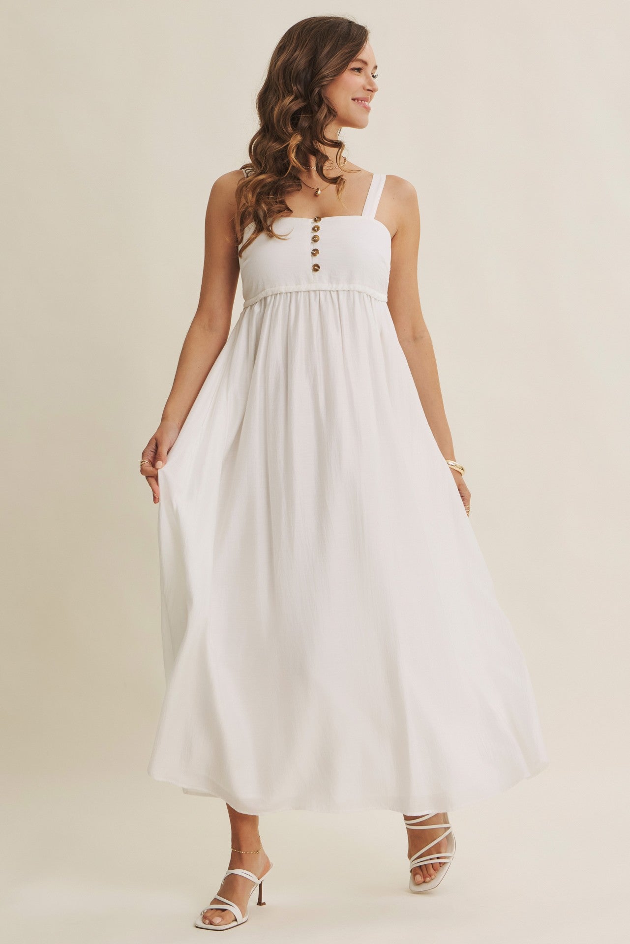 Ivory Coastal Square Neck Empire Waist Tie Maxi Dress