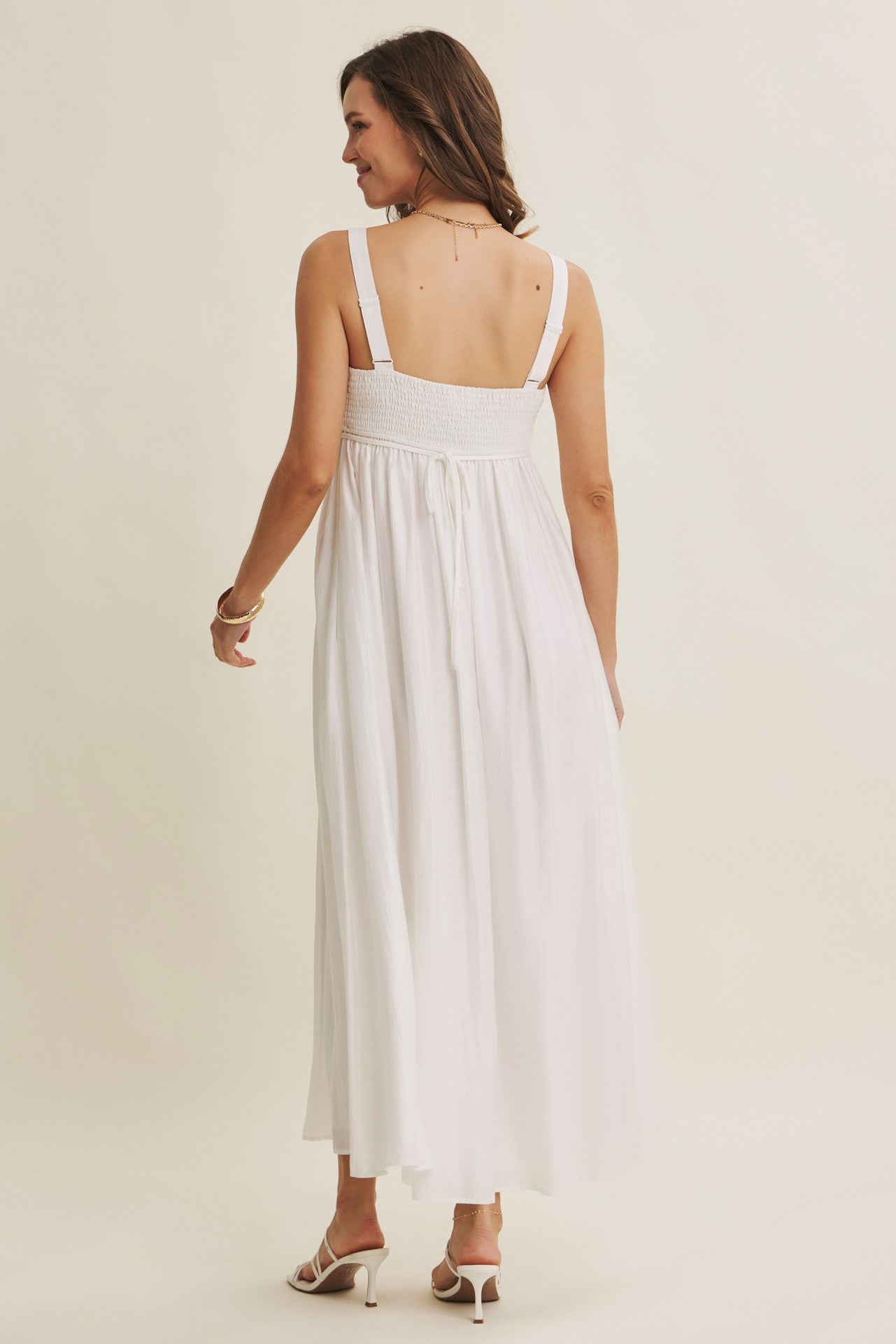 Ivory Coastal Square Neck Empire Waist Tie Maxi Dress