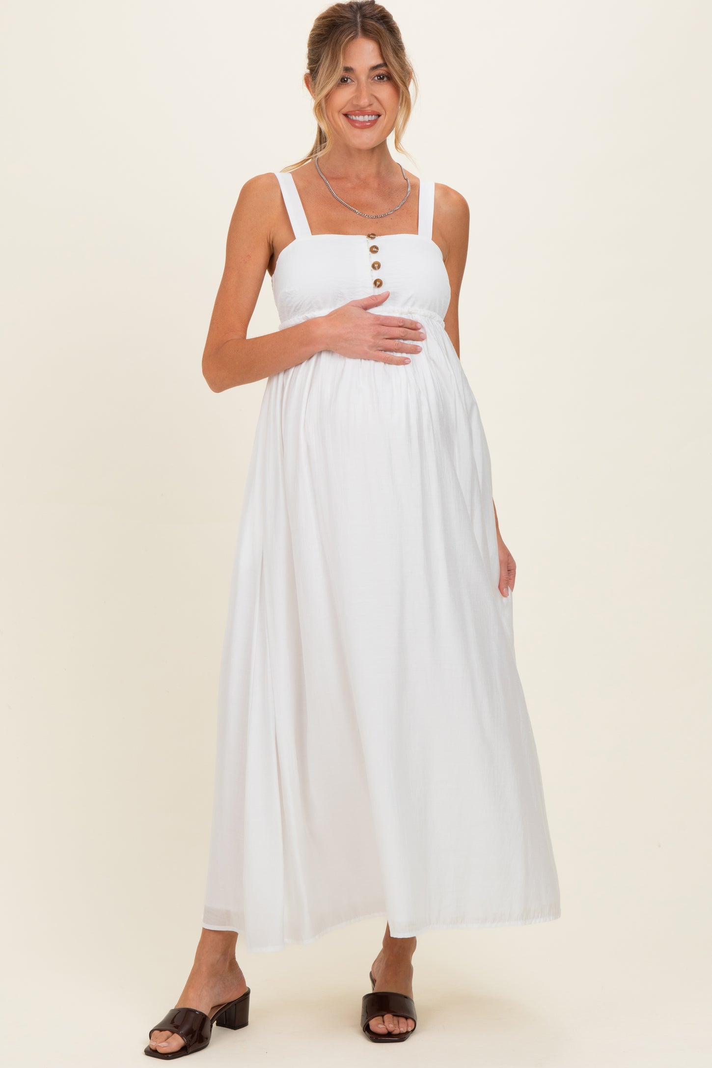 Ivory Coastal Square Neck Empire Waist Tie Maternity Maxi Dress
