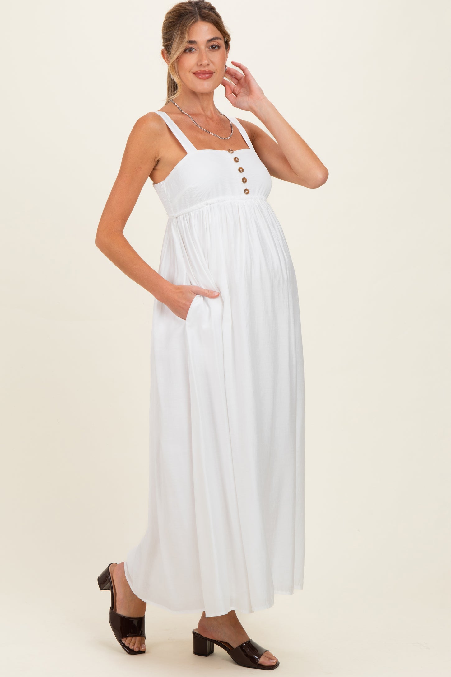 Ivory Coastal Square Neck Empire Waist Tie Maternity Maxi Dress