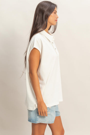 Ivory Pigment Dye Sleeveless Polo Oversized Top