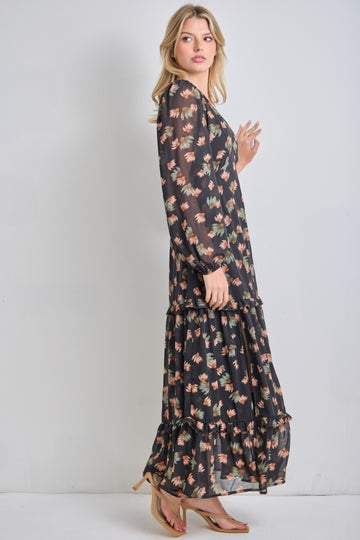 Black Floral Long Sleeve Midi Dress